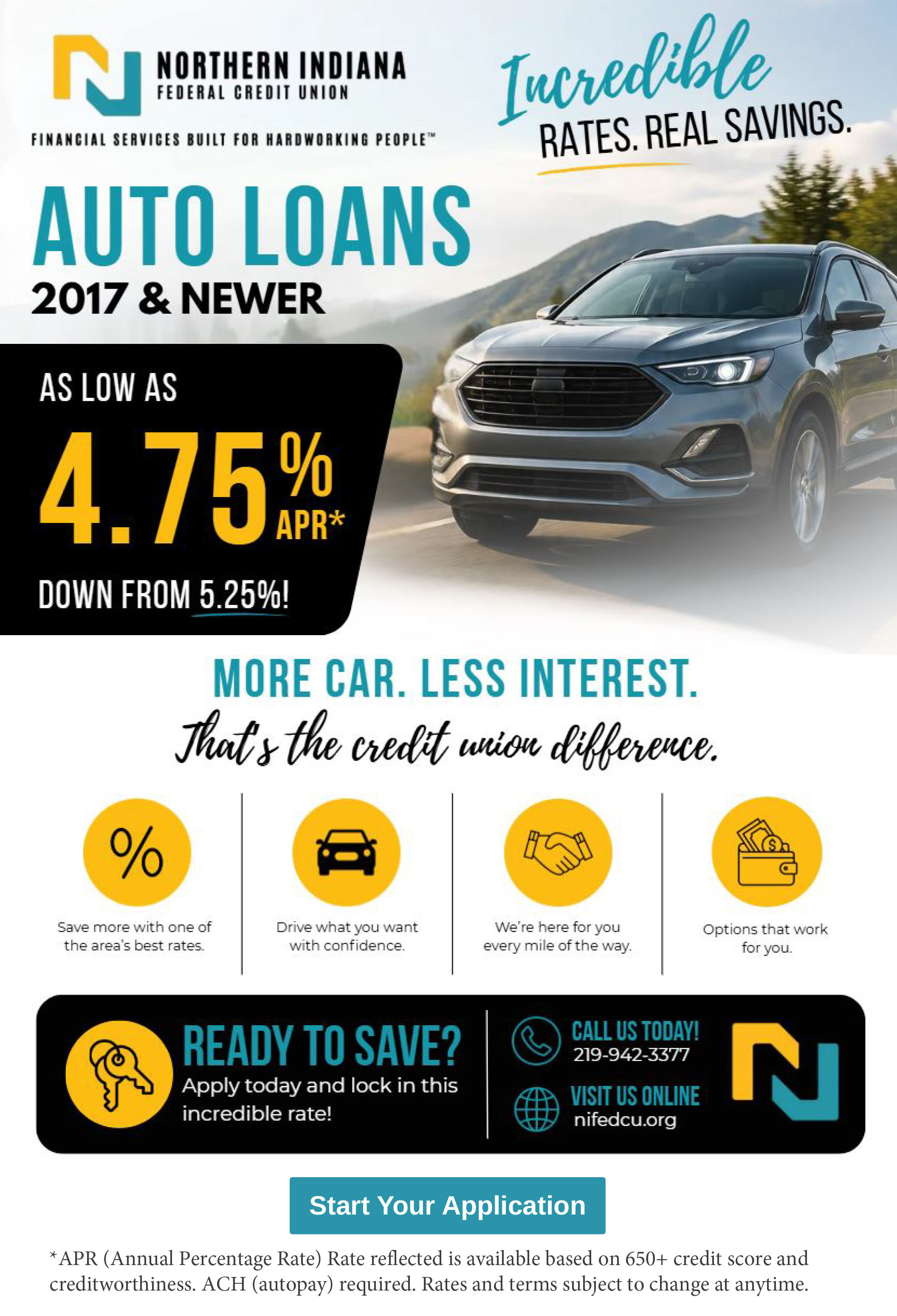 Auto loans as low as 4.75. Call for more details.